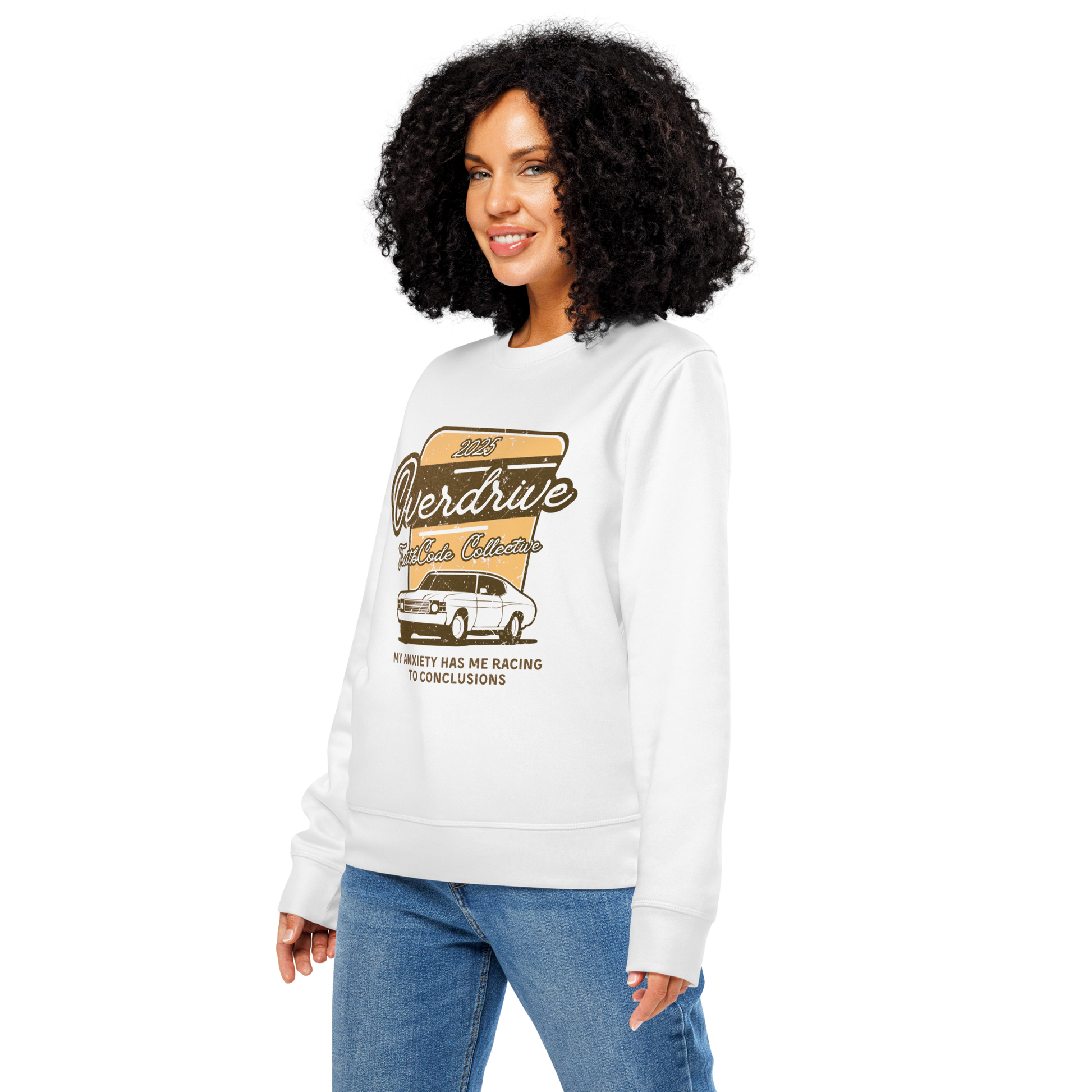 Woman wearing white organic sweatshirt with a vintage graphic design of a car and text 'Overdrive, my anxiety has me racing to conclusions' on a white background