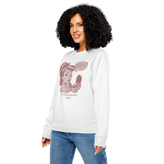 Woman wearing white organic sweatshirt with a vintage style graphic of a woman and text 'I have selective hearing. I'm sorry you weren't selected' on a white background