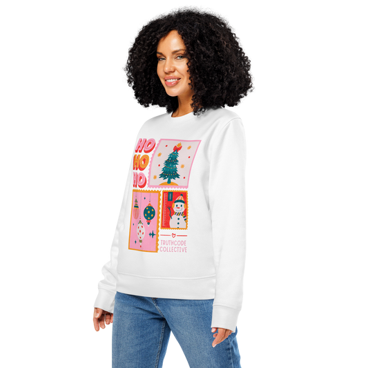 Woman wearing white organic sweatshirt with Christmas-themed design featuring 'HO HO HO' and Christmas postcard style graphic design white background.