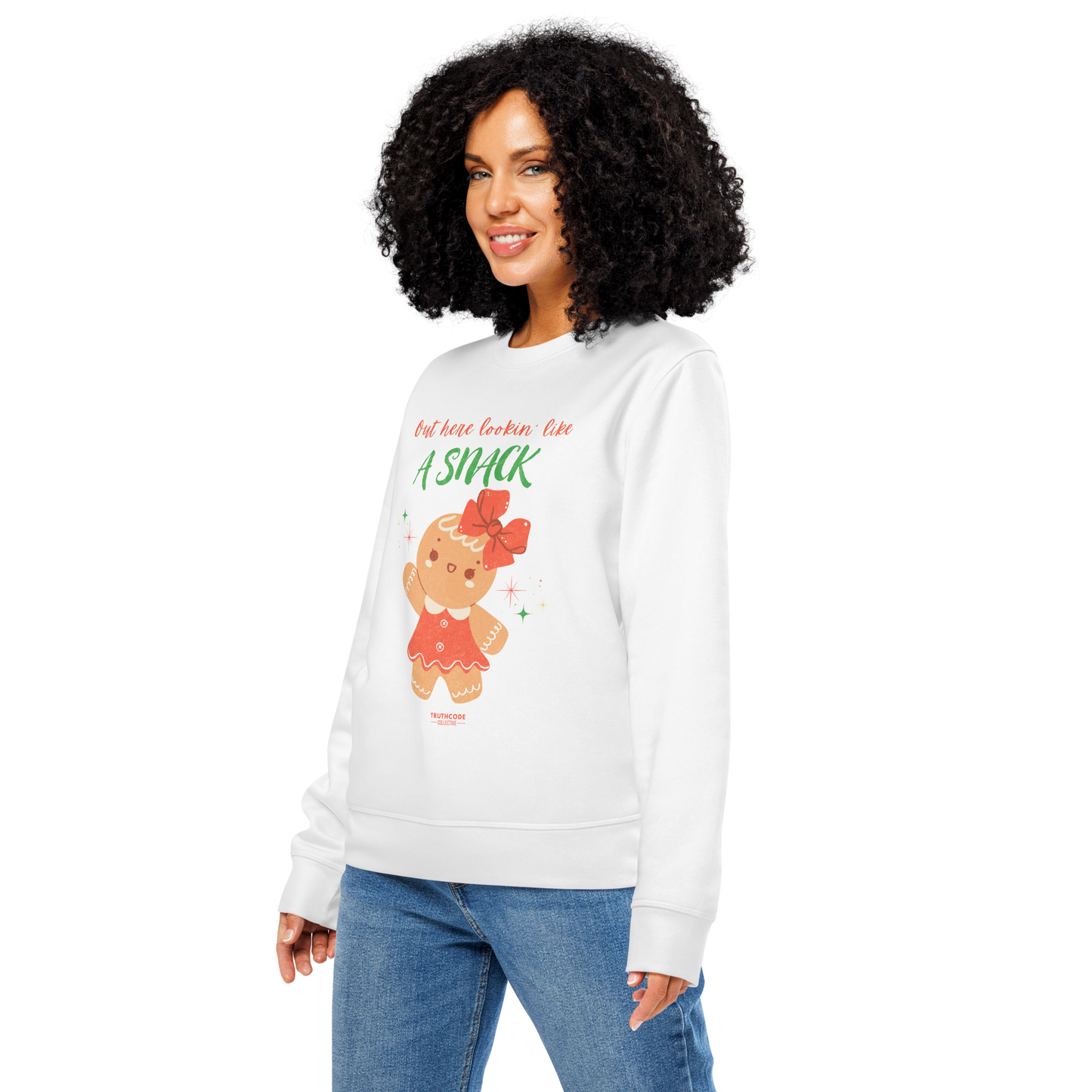 Woman wearing a white sweatshirt with a cartoon character and text on a white background