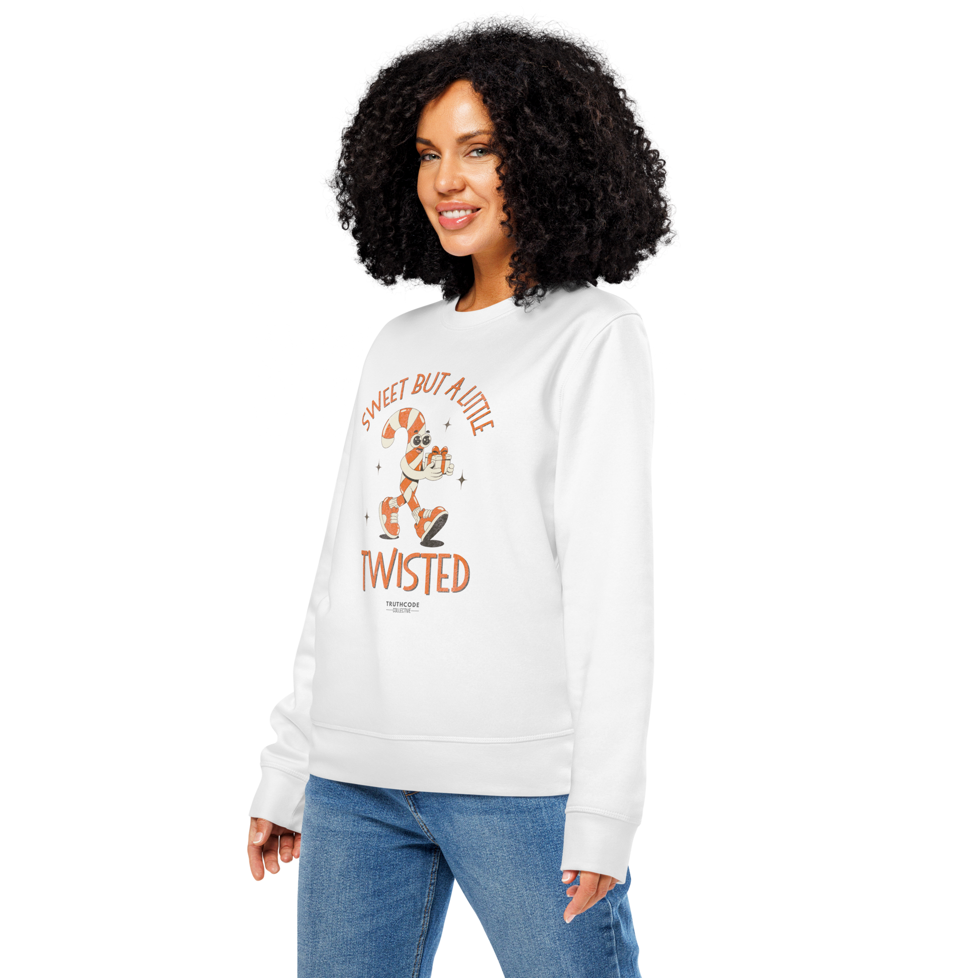 Woman wearing a white sweatshirt with a graphic design and text on a white background