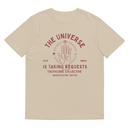 Beige organic t-shirt with graphic of a hand with symbols and text 'The universe is taking requests' against a white background
