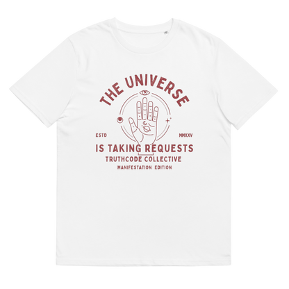 White organic t-shirt with graphic of a hand with symbols and text 'The universe is taking requests' against a white background