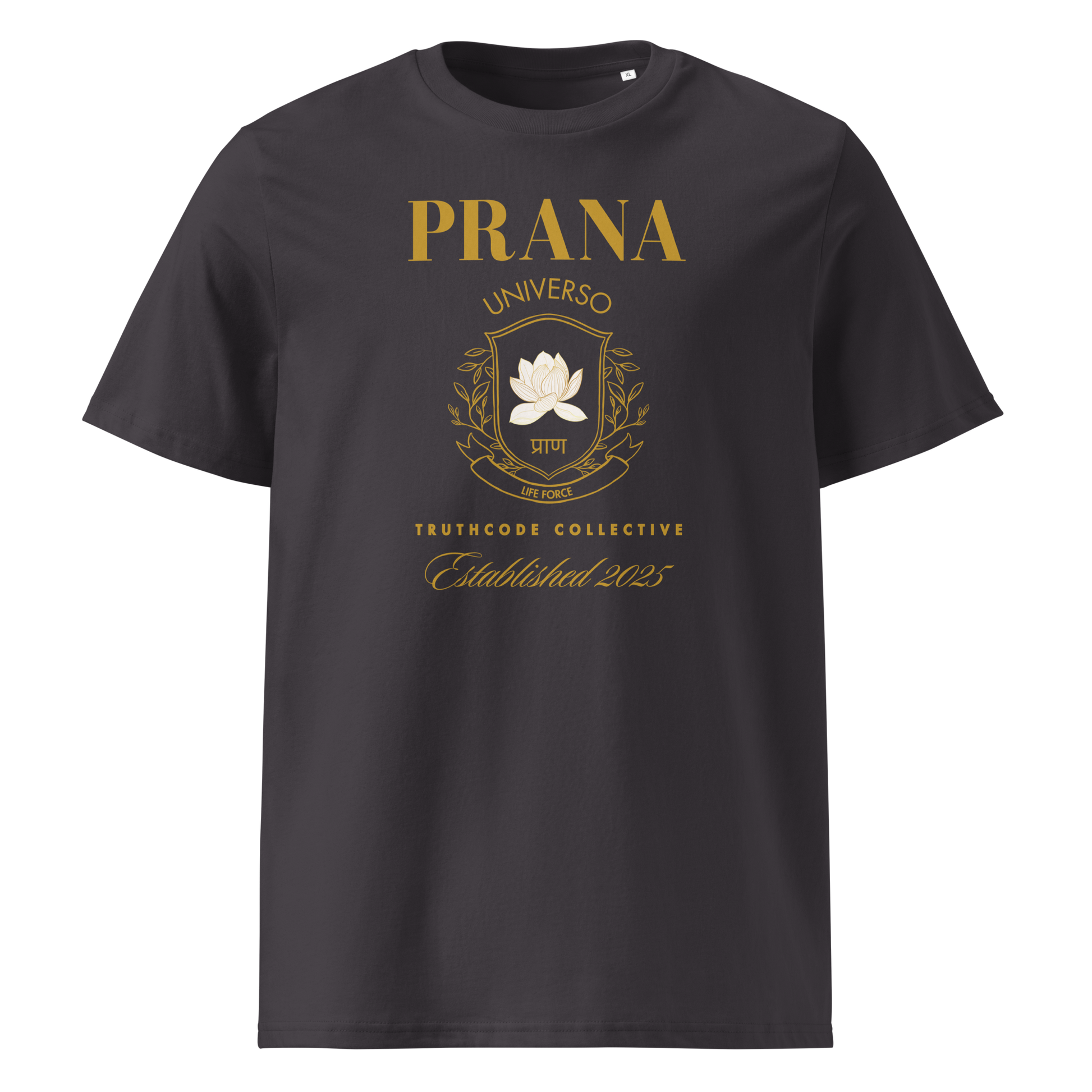 Grey organic t-shirt with gold Prana crest design