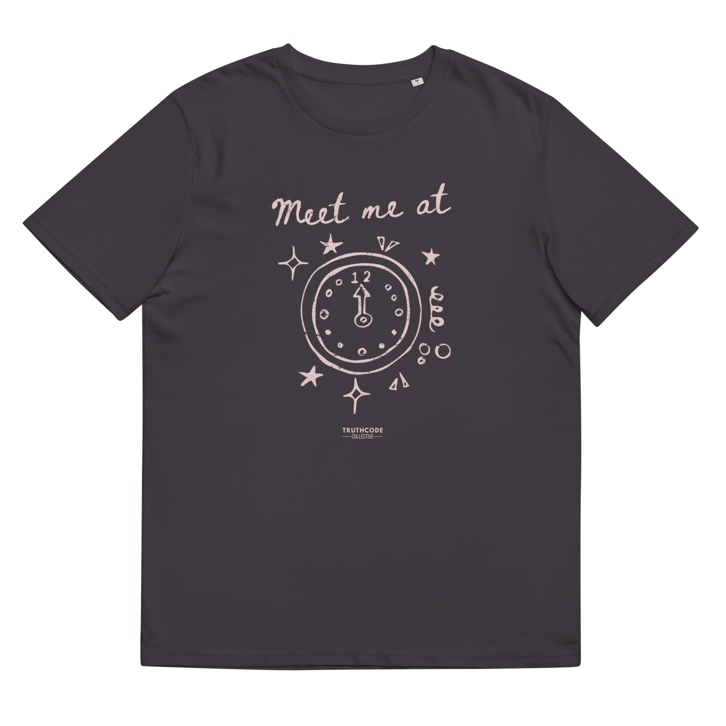 Dark gray organic t-shirt with a clock design and text 'Meet me at' and clock pointing to midnight, shirt on a white background