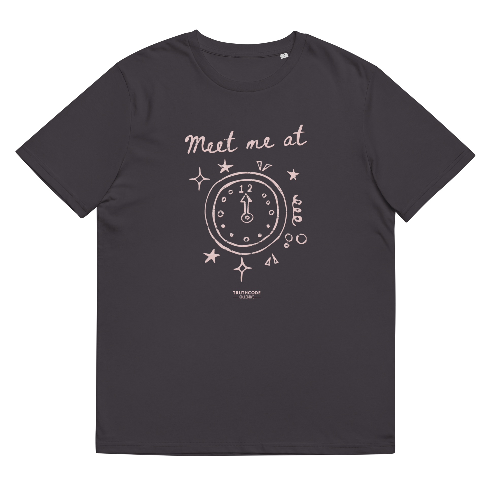 Dark gray organic t-shirt with a clock design and text 'Meet me at' and clock pointing to midnight, shirt on a white background