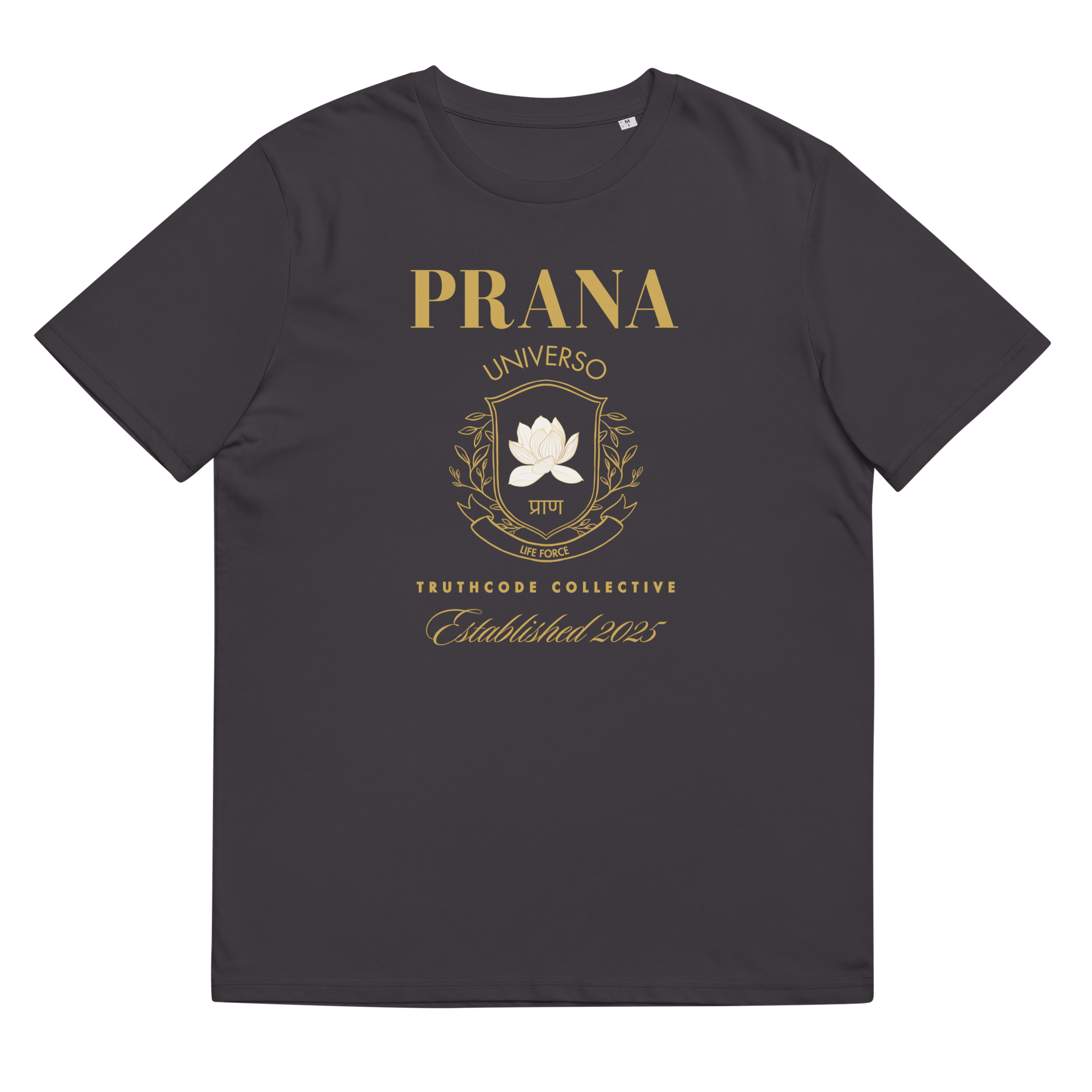 Dark gray organic t-shirt with gold 'Prana Universo' logo crest graphic design, shirt on a white background