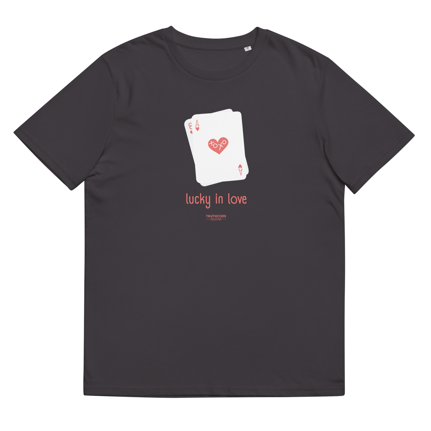 Dark gray organic t-shirt with a graphic of playing cards and 'lucky in love' text on a white background