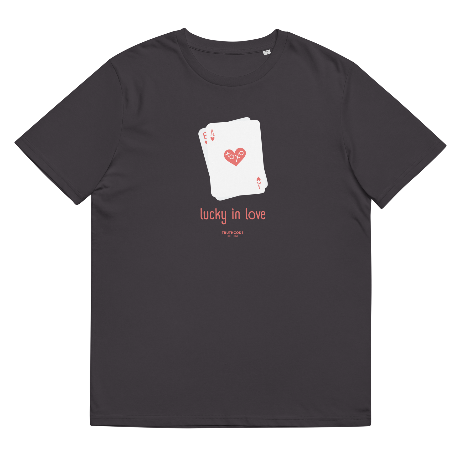 Dark gray organic t-shirt with a graphic of playing cards and 'lucky in love' text on a white background