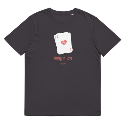Dark gray organic t-shirt with a graphic of playing cards and 'lucky in love' text on a white background