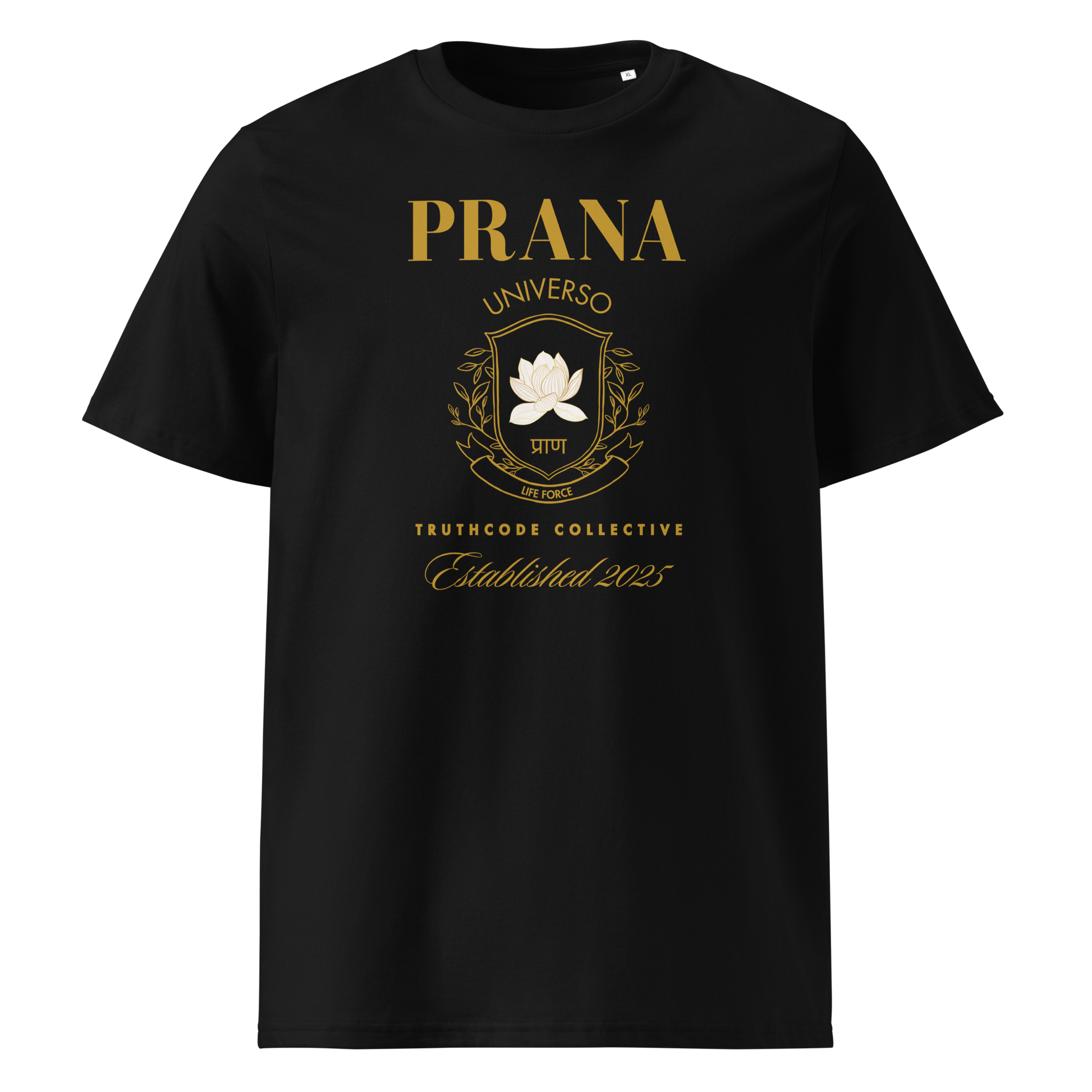 Black organic t-shirt with gold Prana crest design