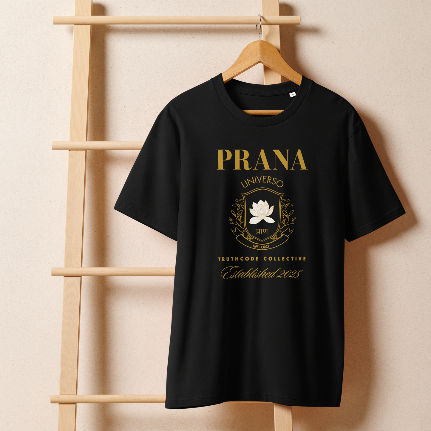 Black organic t-shirt with gold Prana crest design