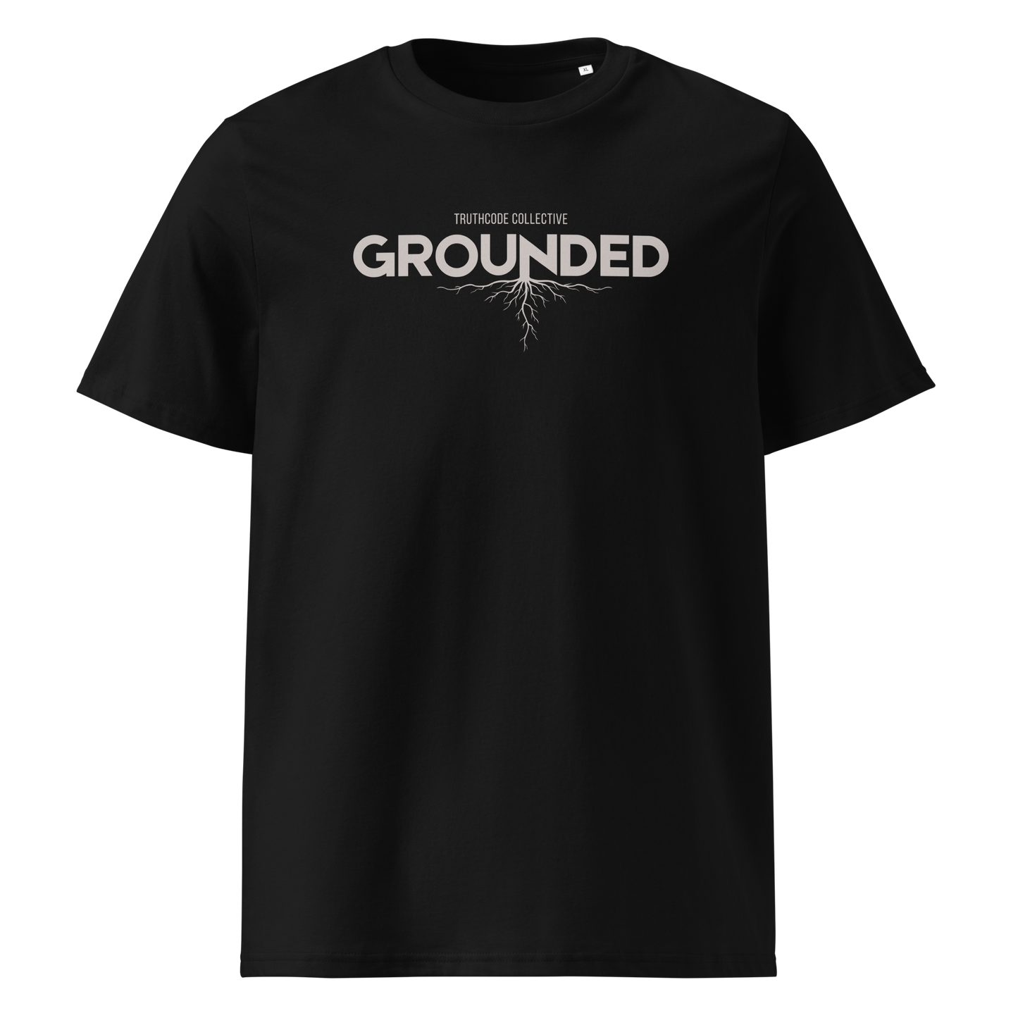 Black organic t-shirt with 'GROUNDED' text and tree root graphic extending down