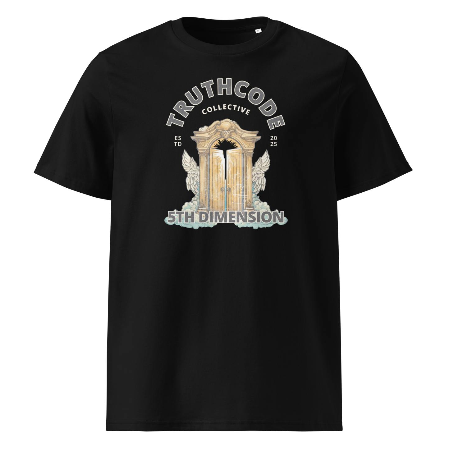 Black organic t-shirt with 'Truthcode Collective' and '5th Dimension' text and heavenly gates type design on a white background