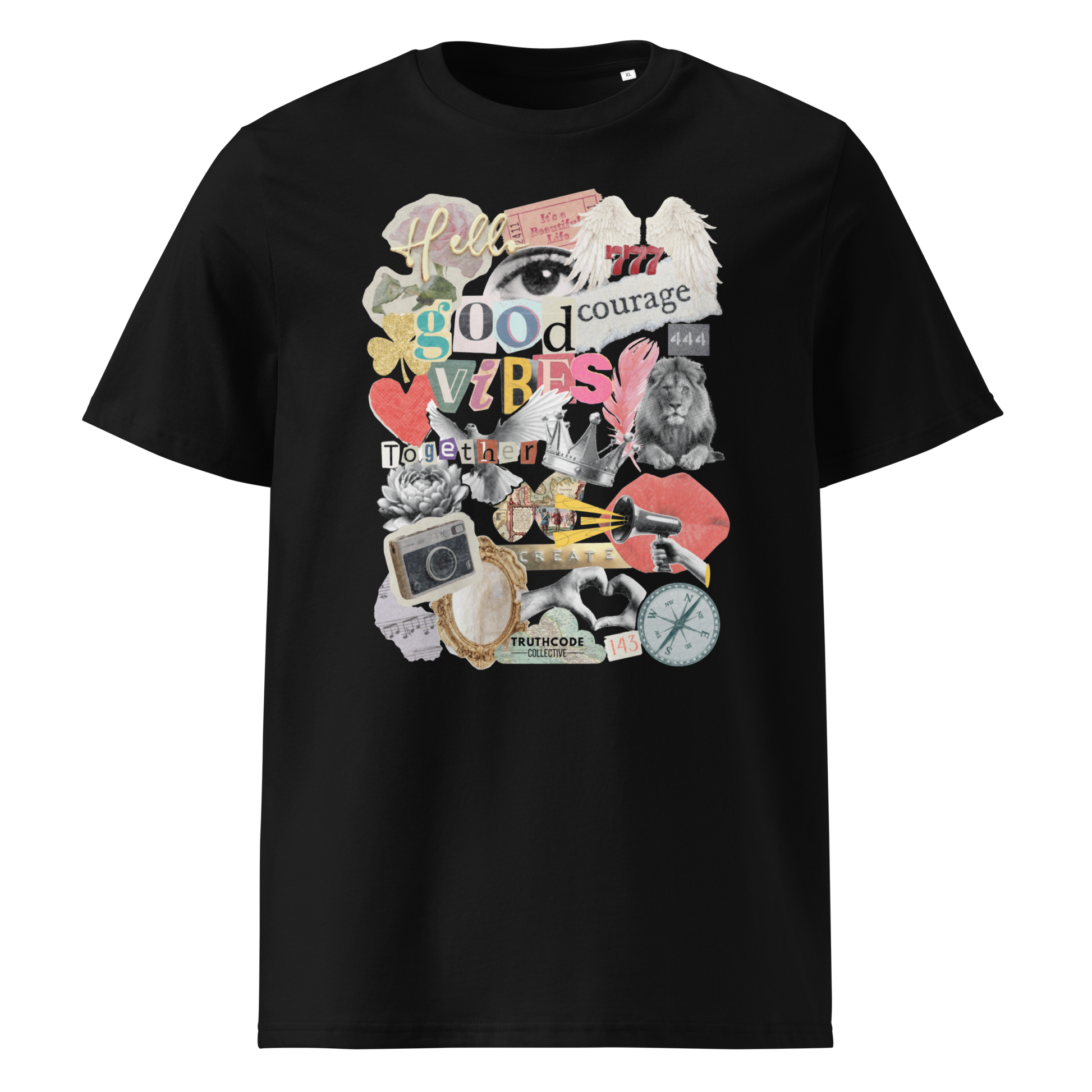 Black organic t-shirt with colorful collage graphic designs like a mood board on a white background