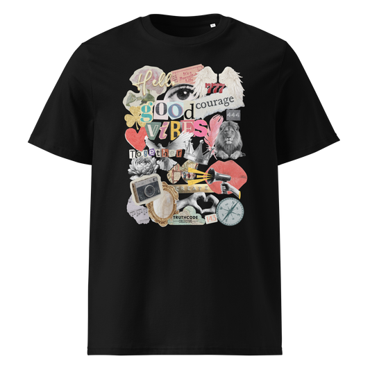 Black organic t-shirt with colorful collage graphic designs like a mood board on a white background