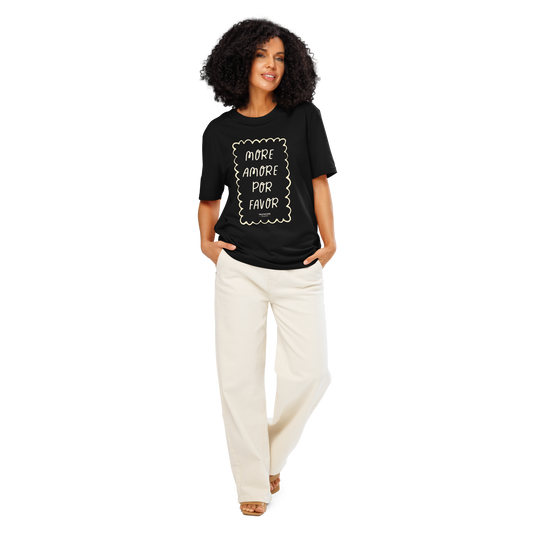 Woman wearing black organic t-shirt with white text 'MORE AMORE POR FAVOR' on a white background