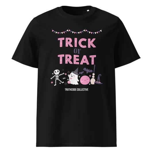 Black organic t-shirt with 'Trick or Treat' text and Halloween-themed graphics on a white background