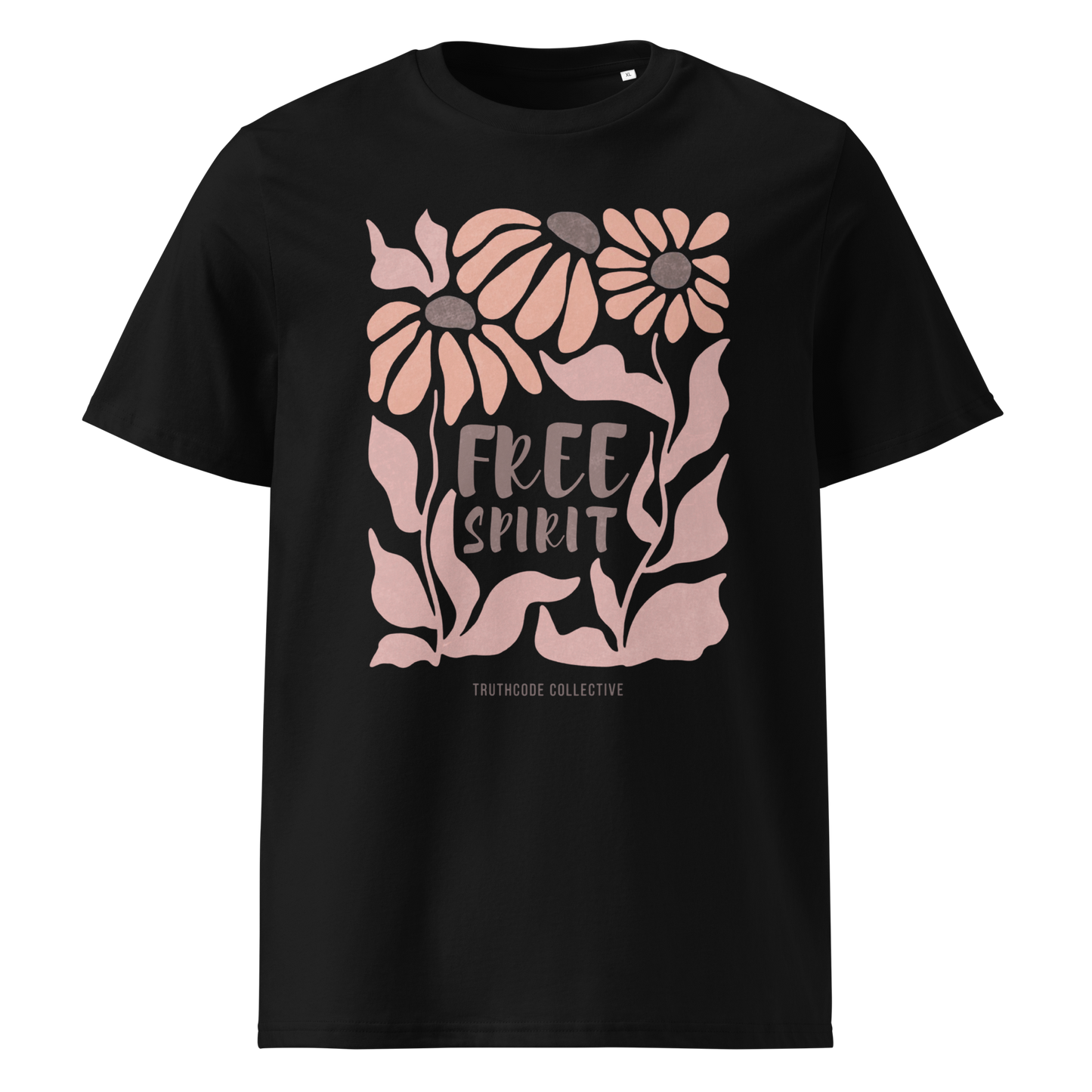 Black organic t-shirt with pink floral design and 'Free Spirit' text on a white background