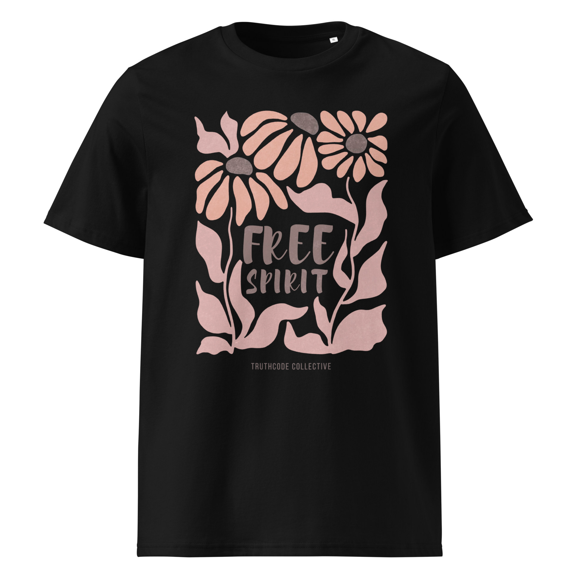 Black organic t-shirt with pink floral design and 'Free Spirit' text on a white background