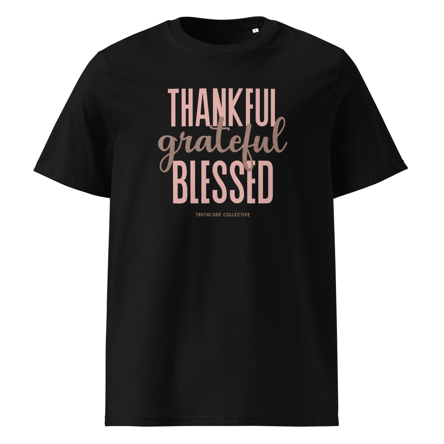 Black organic t-shirt with 'Thankful grateful BLESSED' text on a white background