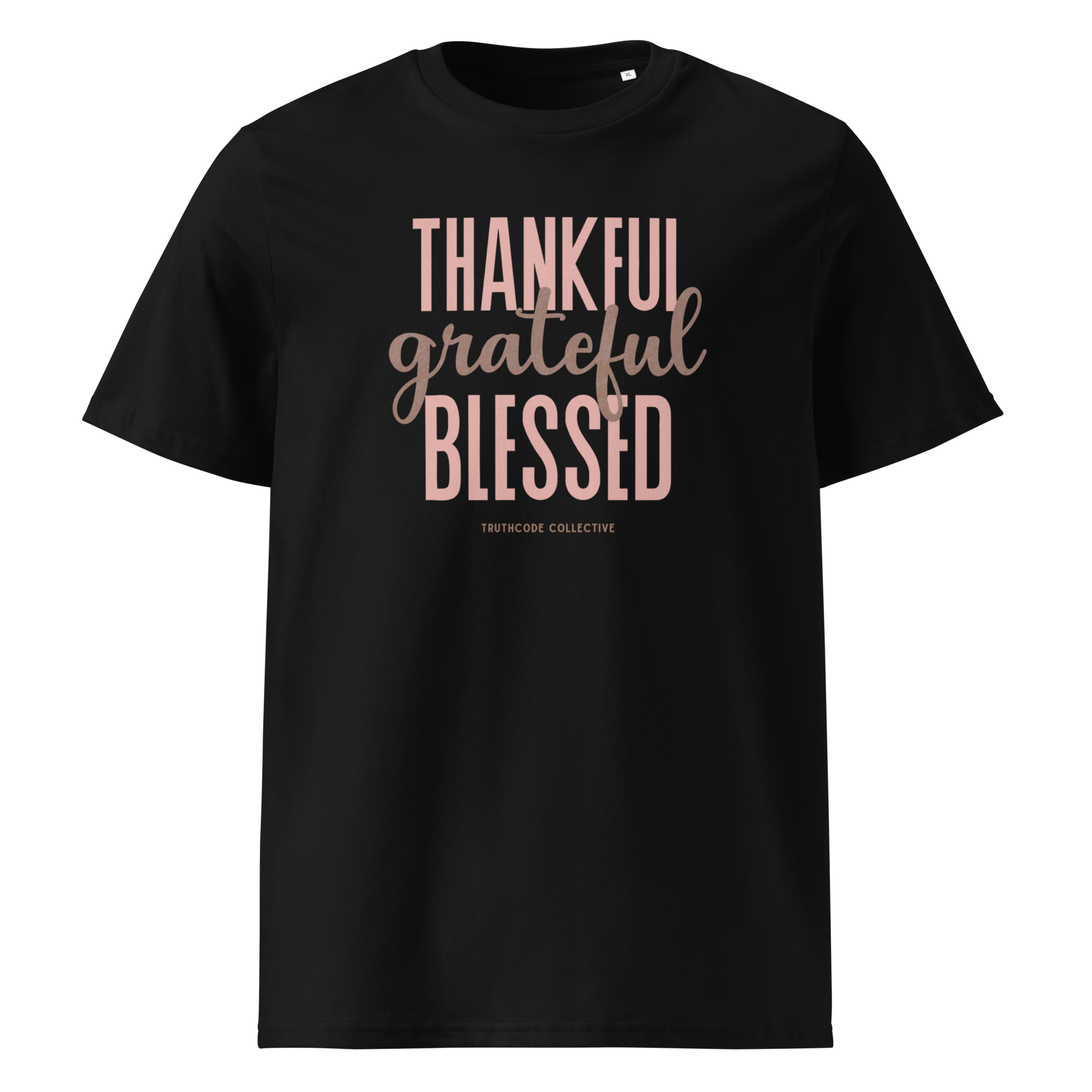 Black organic t-shirt with 'Thankful grateful BLESSED' text on a white background