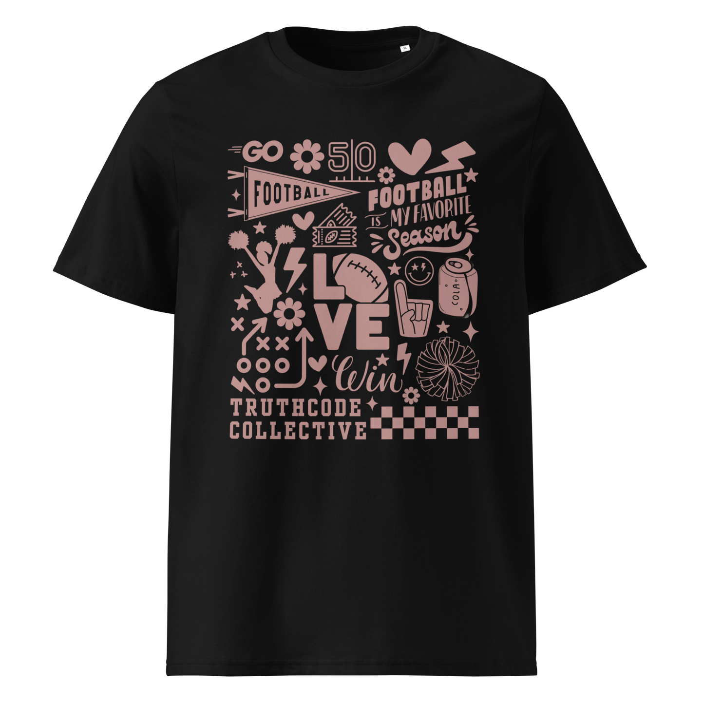 Black organic t- shirt with football themed graphics and text 'Football is my favorite season' on a white background