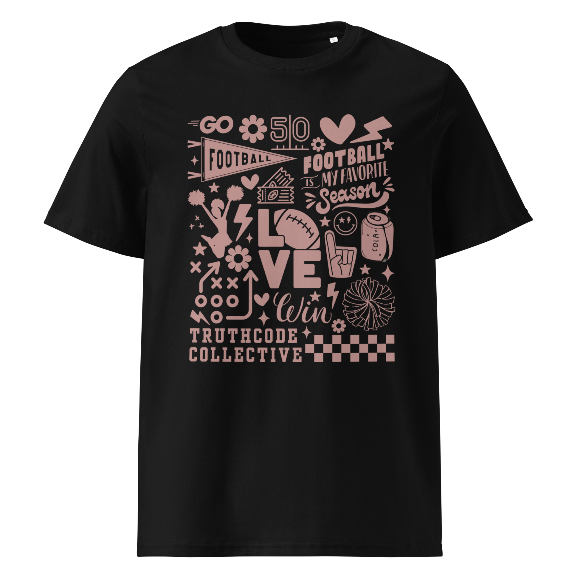 Black organic t- shirt with football themed graphics and text 'Football is my favorite season' on a white background