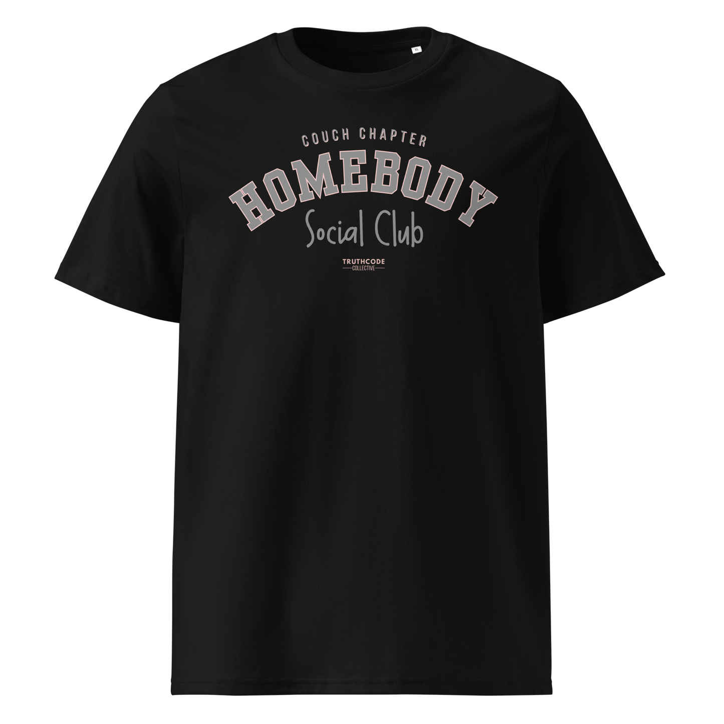 Black organic t-shirt with 'Homebody Social Club' text on a white background