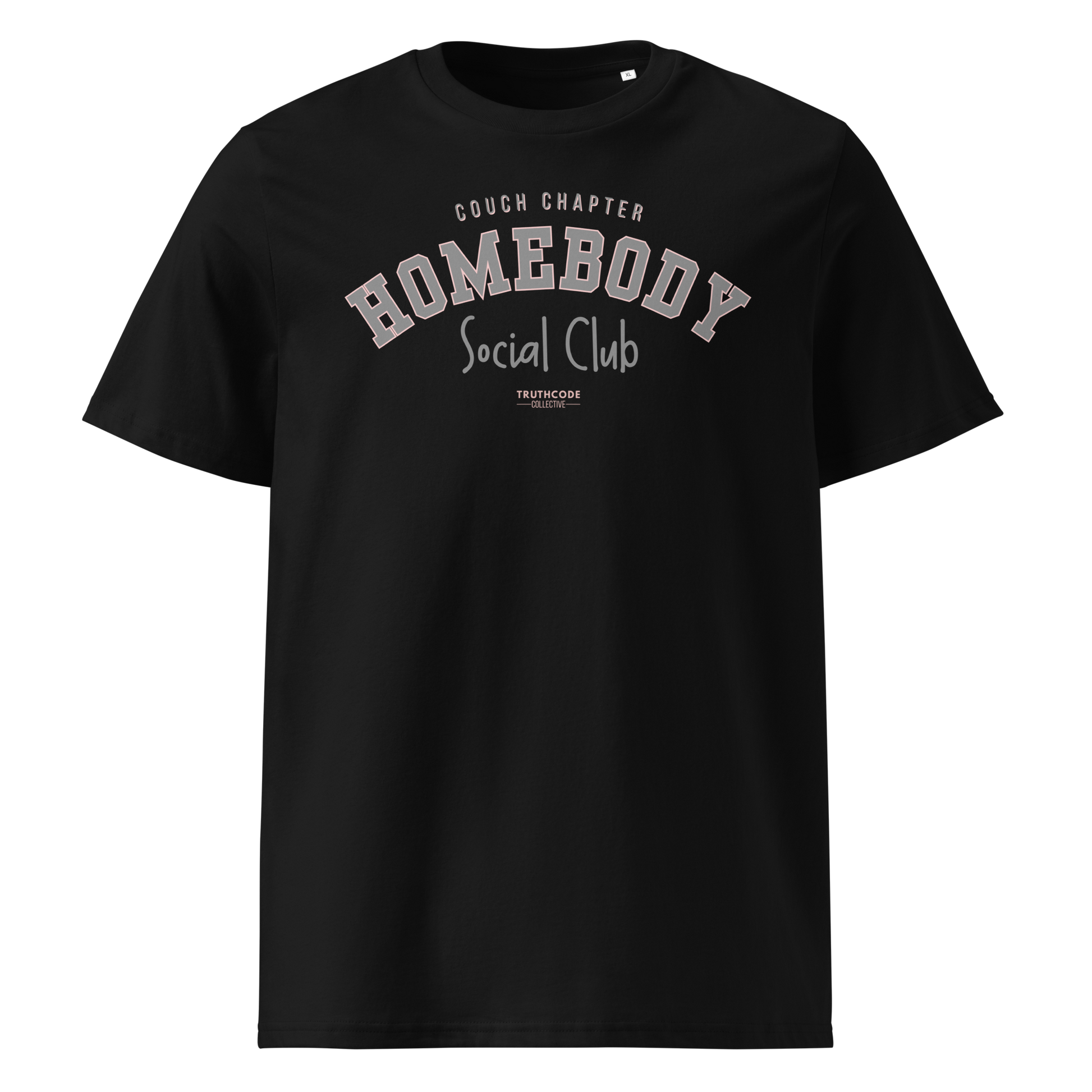 Black organic t-shirt with 'Homebody Social Club' text on a white background
