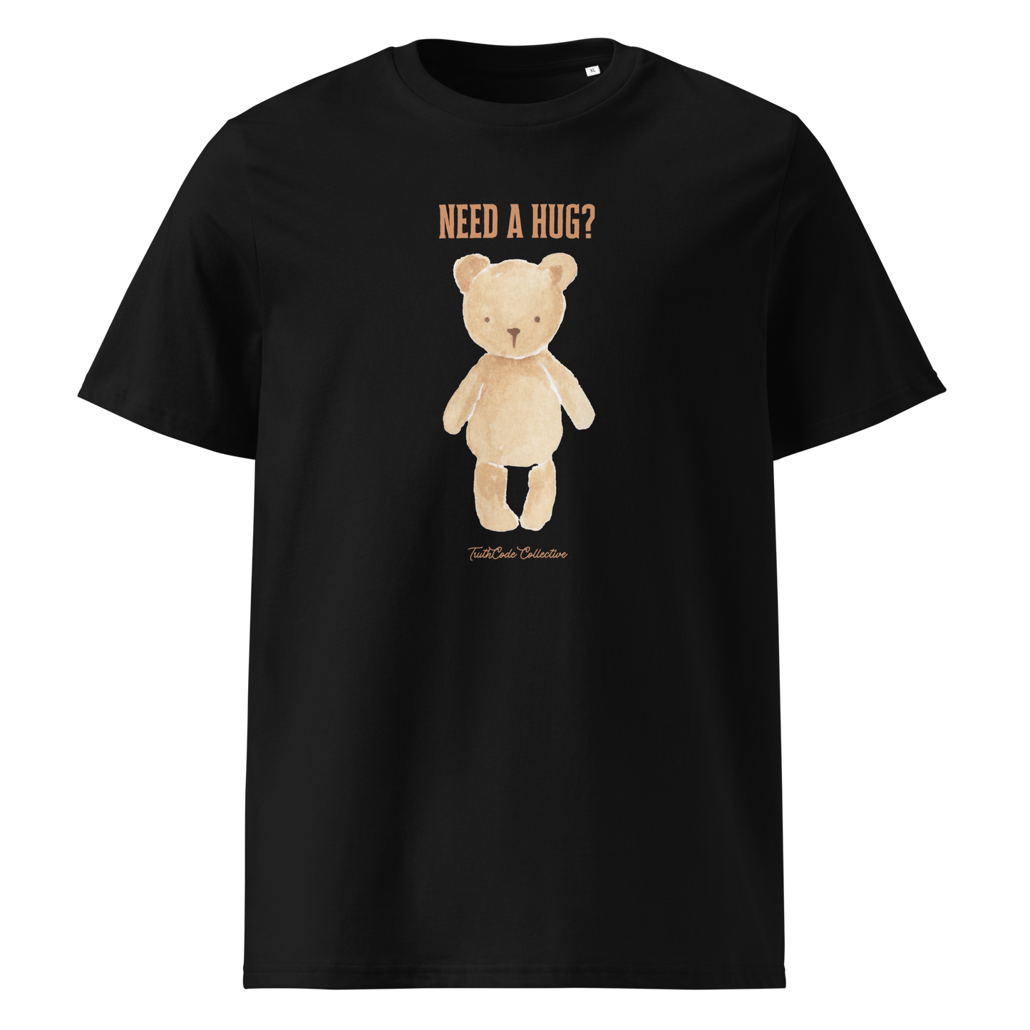 Black organic t-shirt with a teddy bear graphic and text 'NEED A HUG?' on a white background