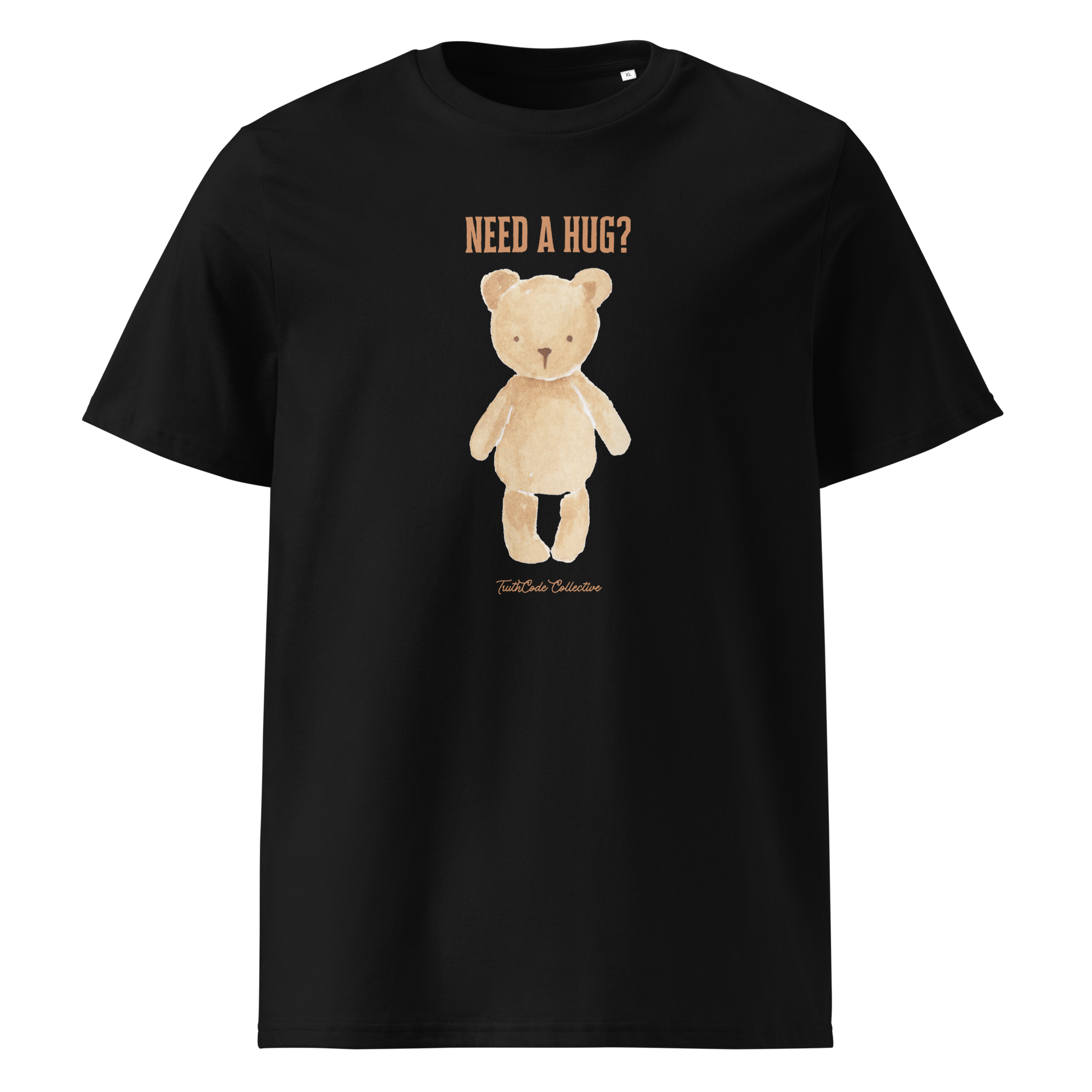 Black organic t-shirt with a teddy bear graphic and text 'NEED A HUG?' on a white background