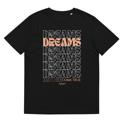 Black organic t-shirt with 'Dreams Come True' text design, shirt on a white background