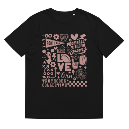Black organic t-shirt with football collage graphic design and text 'Football is my favorite season' on a white background