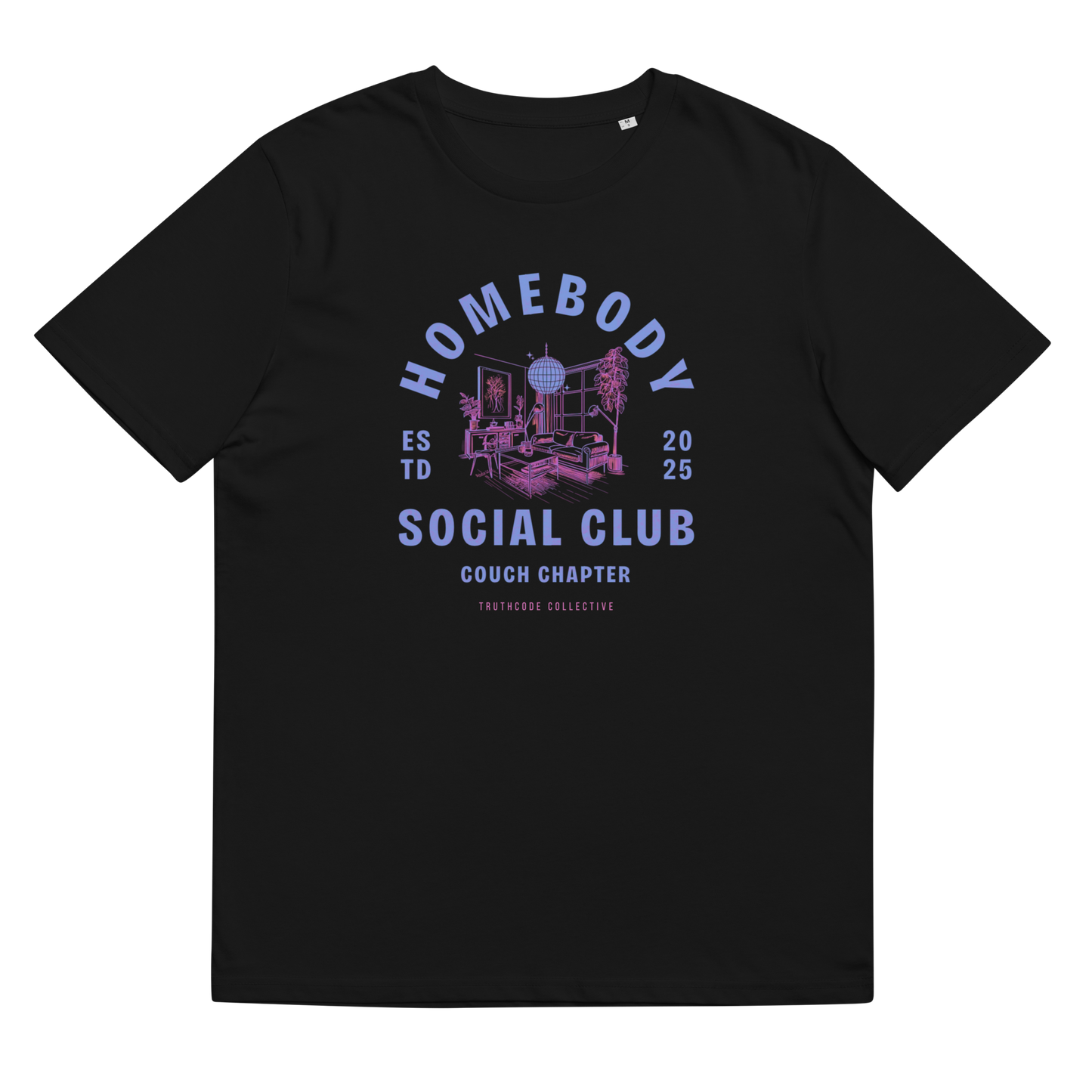 Black organic t-shirt with 'Homebody Social Club, couch chapter' and graphic design of a sitting room, shirt on a white background