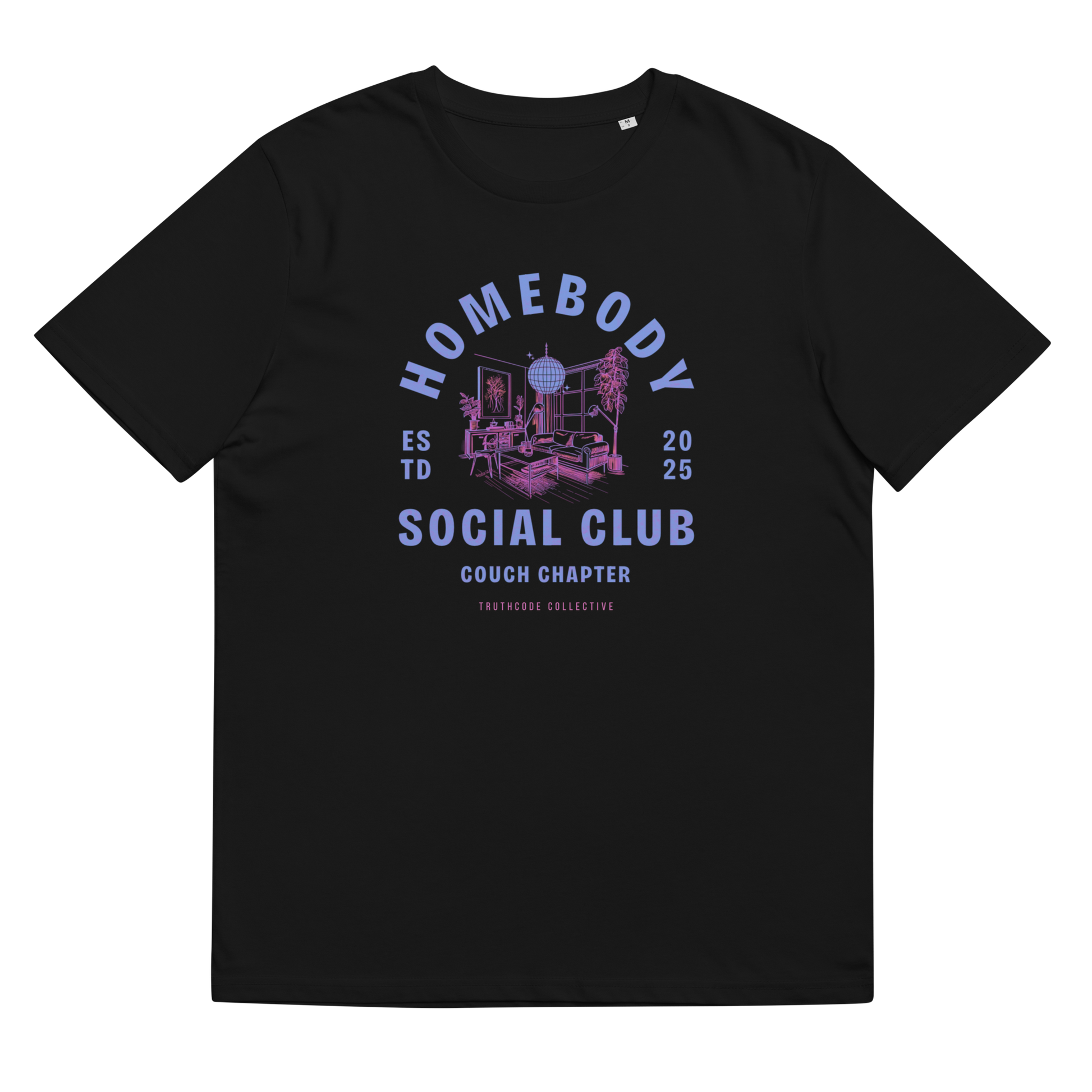 Black organic t-shirt with 'Homebody Social Club, couch chapter' and graphic design of a sitting room, shirt on a white background