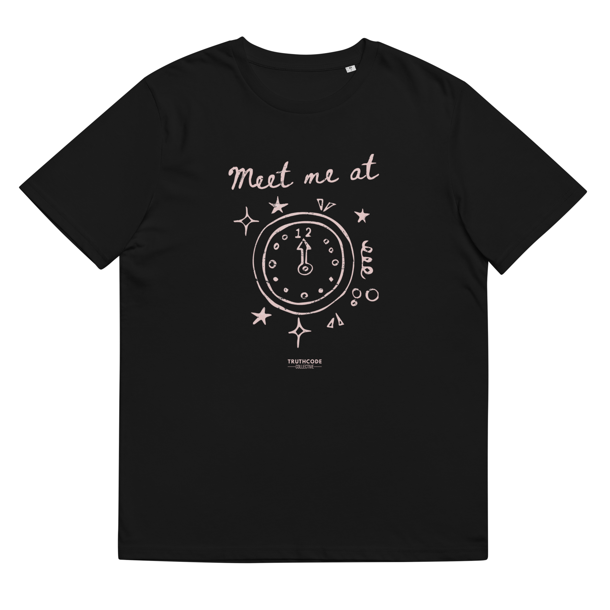Black organic t-shirt with a clock design and text 'Meet me at' and clock pointing to midnight, shirt on a white background