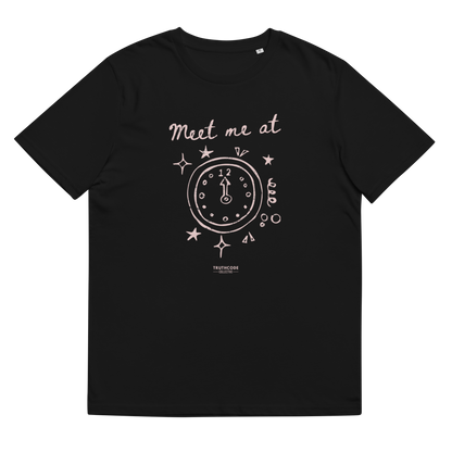 Black organic t-shirt with a clock design and text 'Meet me at' and clock pointing to midnight, shirt on a white background