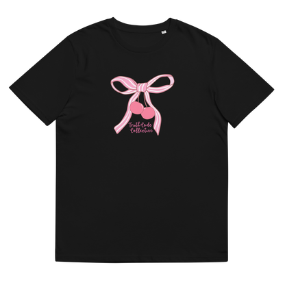 Black organic t-shirt with pink bow and cherry design on a white background
