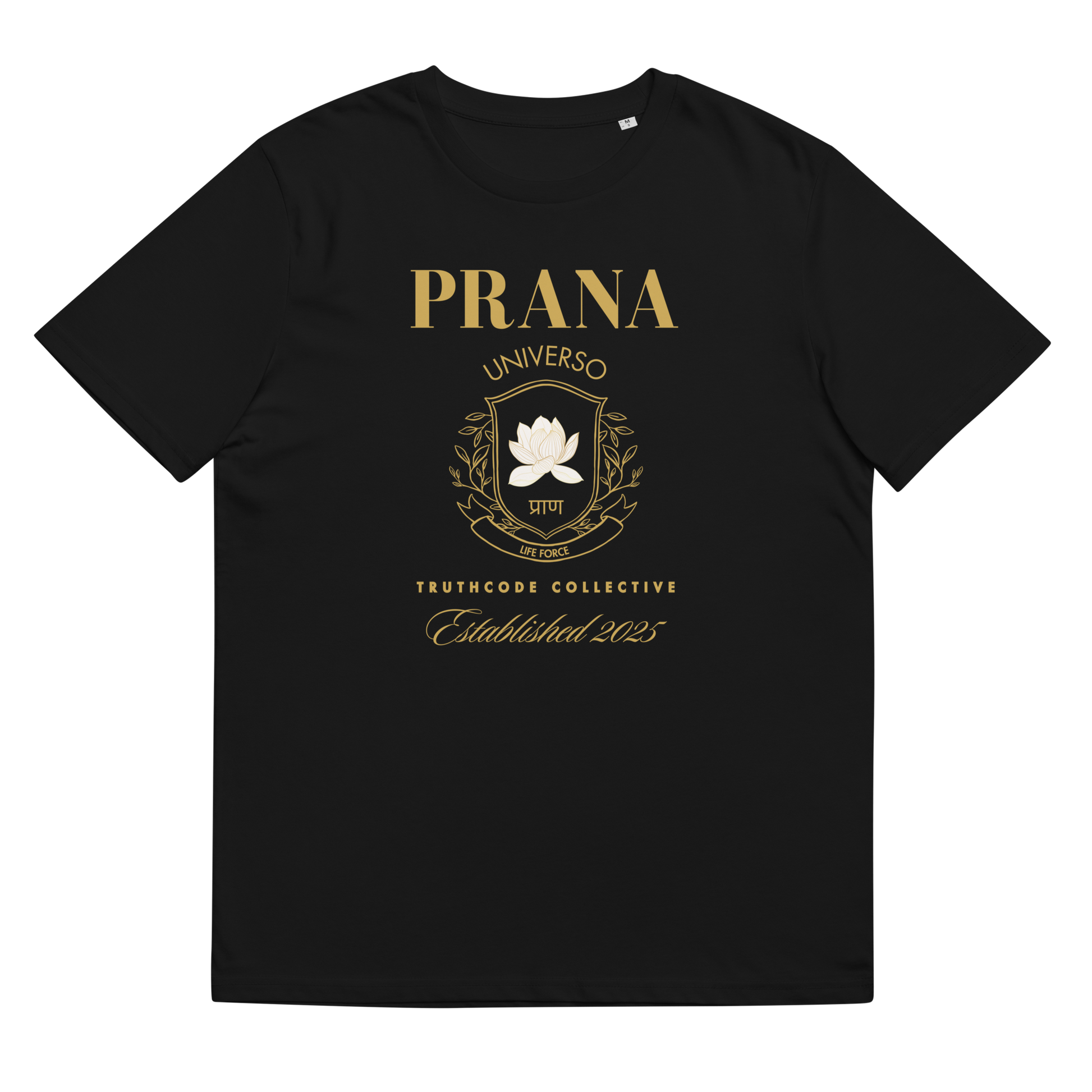 Black organic t-shirt with gold 'Prana Universo' logo crest graphic design, shirt on a white background