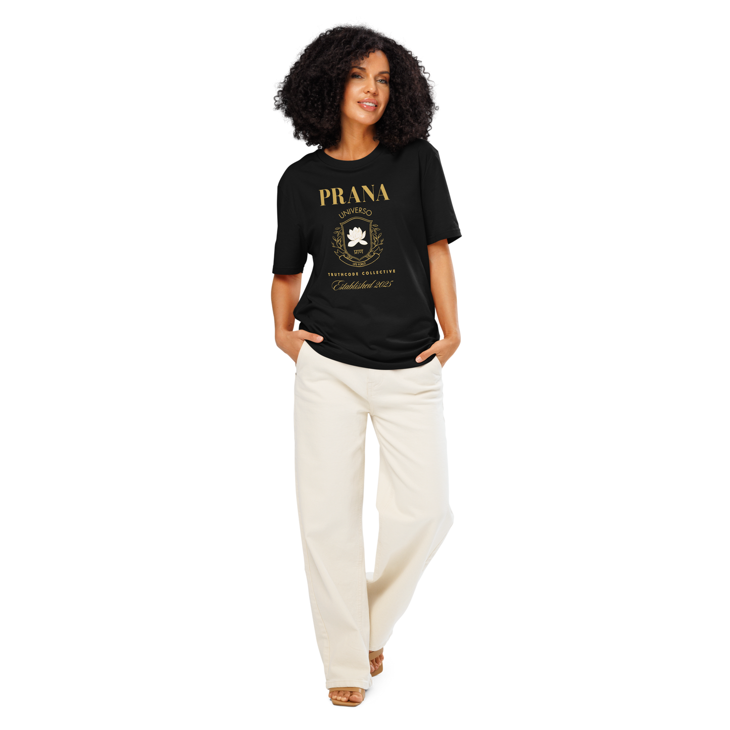 Woman wearing black organic t-shirt with gold 'Prana Universo' logo crest graphic design, on a white background
