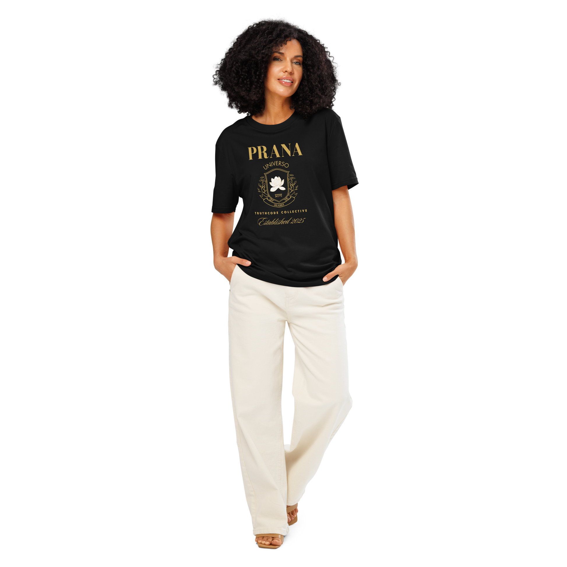 Woman wearing black organic t-shirt with gold 'Prana Universo' logo crest graphic design, on a white background