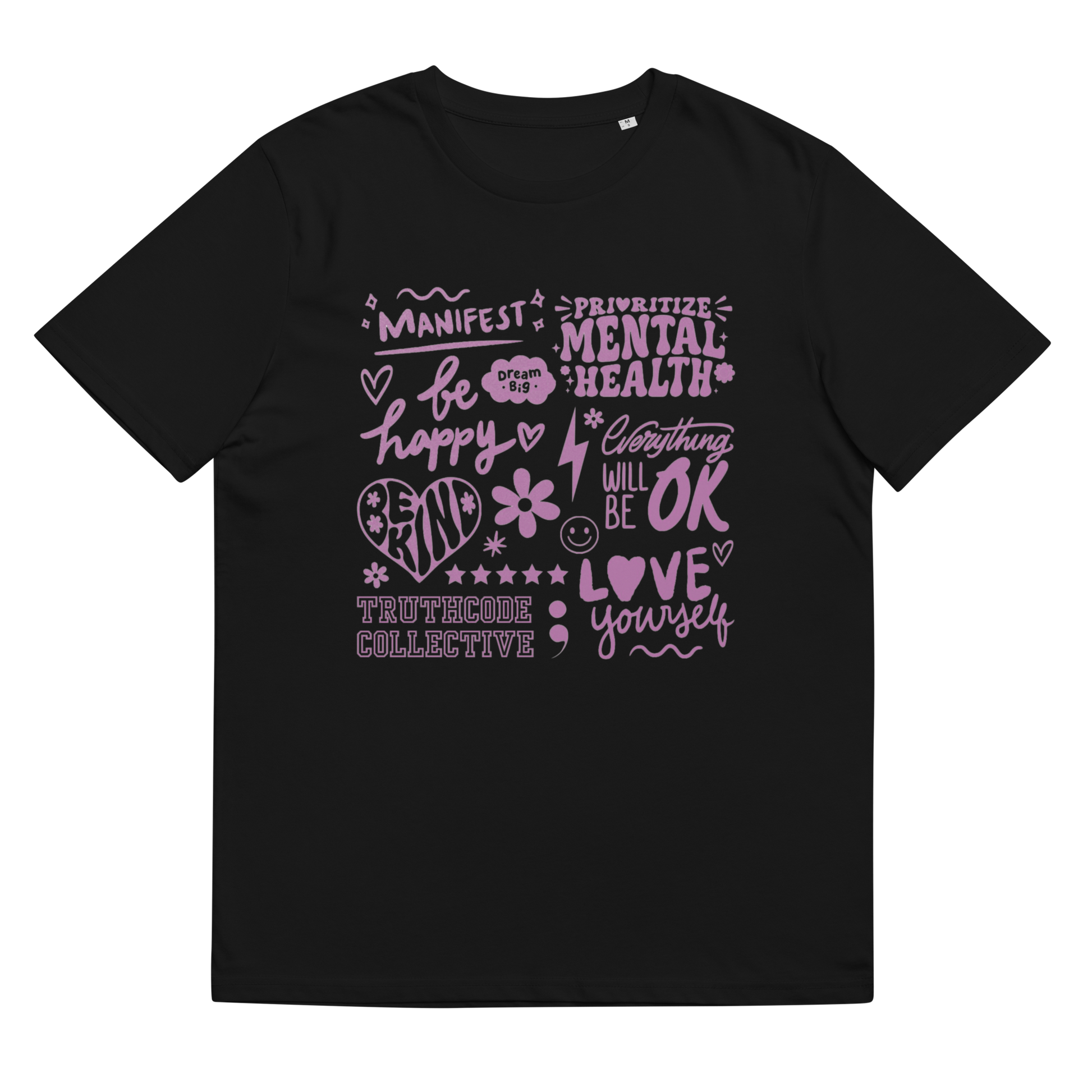 Black organic t-shirt with purple motivational text and graphics 'Prioritize mental health, manifest, be happy, everything will be okay...' on a white background