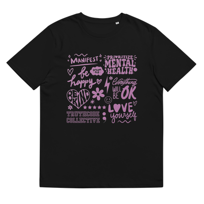 Black organic t-shirt with purple motivational text and graphics 'Prioritize mental health, manifest, be happy, everything will be okay...' on a white background