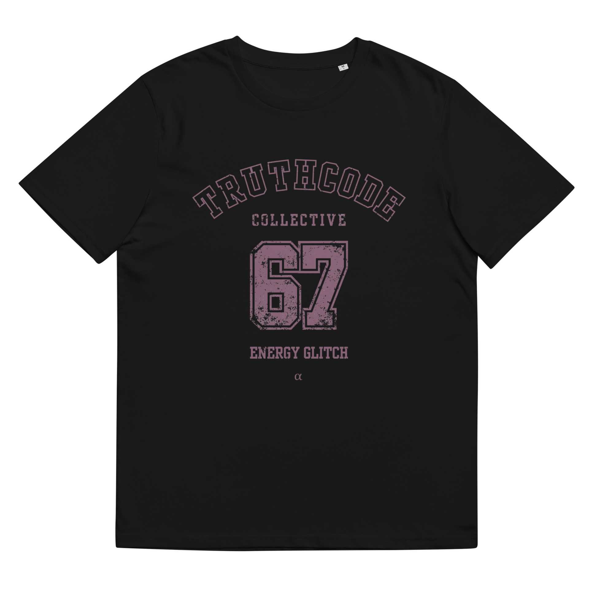 Black organic t-shirt with 'Truthcode Collective 67 Energy Glitch' text on a white background