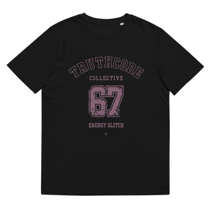 Black organic t-shirt with 'Truthcode Collective 67 Energy Glitch' text on a white background