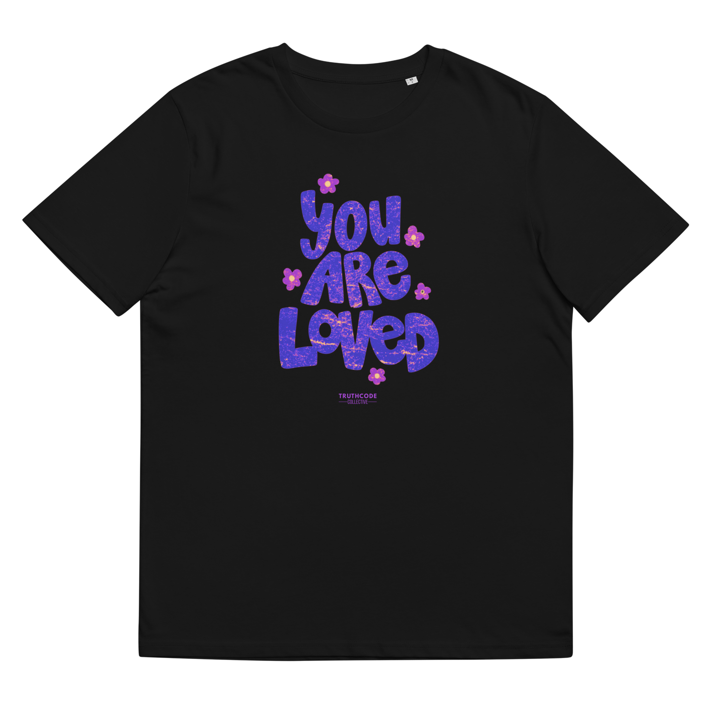 Black organic t-shirt with 'YOU ARE LOVED' text and daisy graphics, on a white background