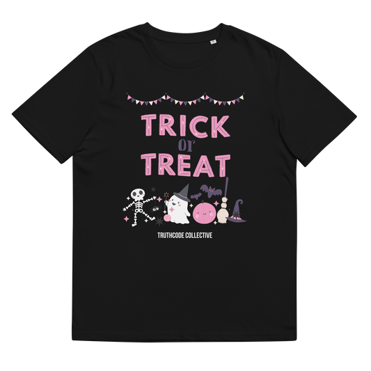 Black organic t-shirt with 'Trick or Treat' text and Halloween graphics on a white background