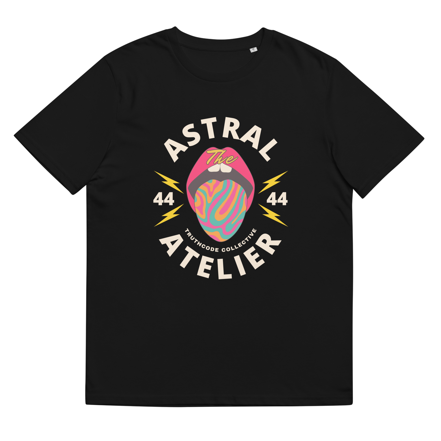Black organic t-shirt with a colorful graphic design and text 'Astral Atelier' on a plain background