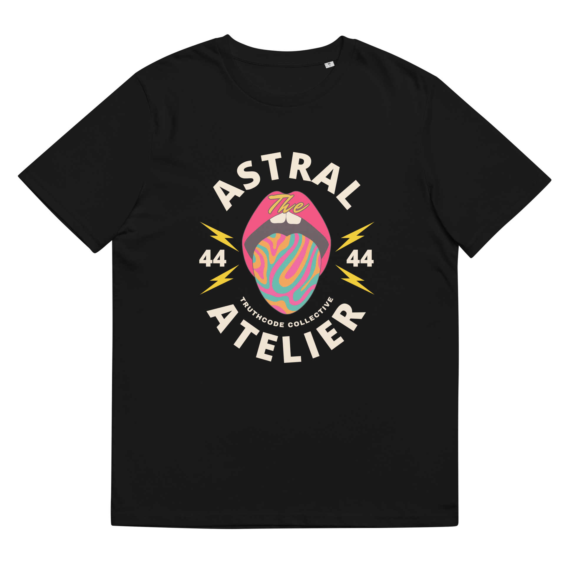 Black organic t-shirt with a colorful graphic design and text 'Astral Atelier' on a plain background